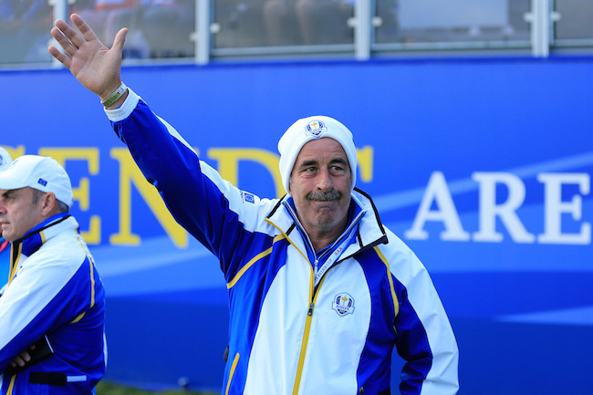 AUCHTERARDER, SCOTLAND - SEPTEMBER 26: Europe team vice captain Sam Torrance waves to the crowd during the Afternoon Foursomes of the 2014 Ryder Cup on the PGA Centenary course at the Gleneagles Hotel on September 26, 2014 in Auchterarder, Scotland. (Photo by David Cannon/Getty Images)